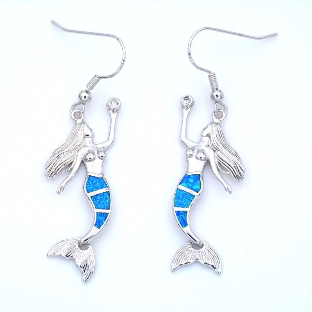 Милые серьги русалка с лабораторным голубым опалом|mermaid earrings|earrings earringblue opal earrings |