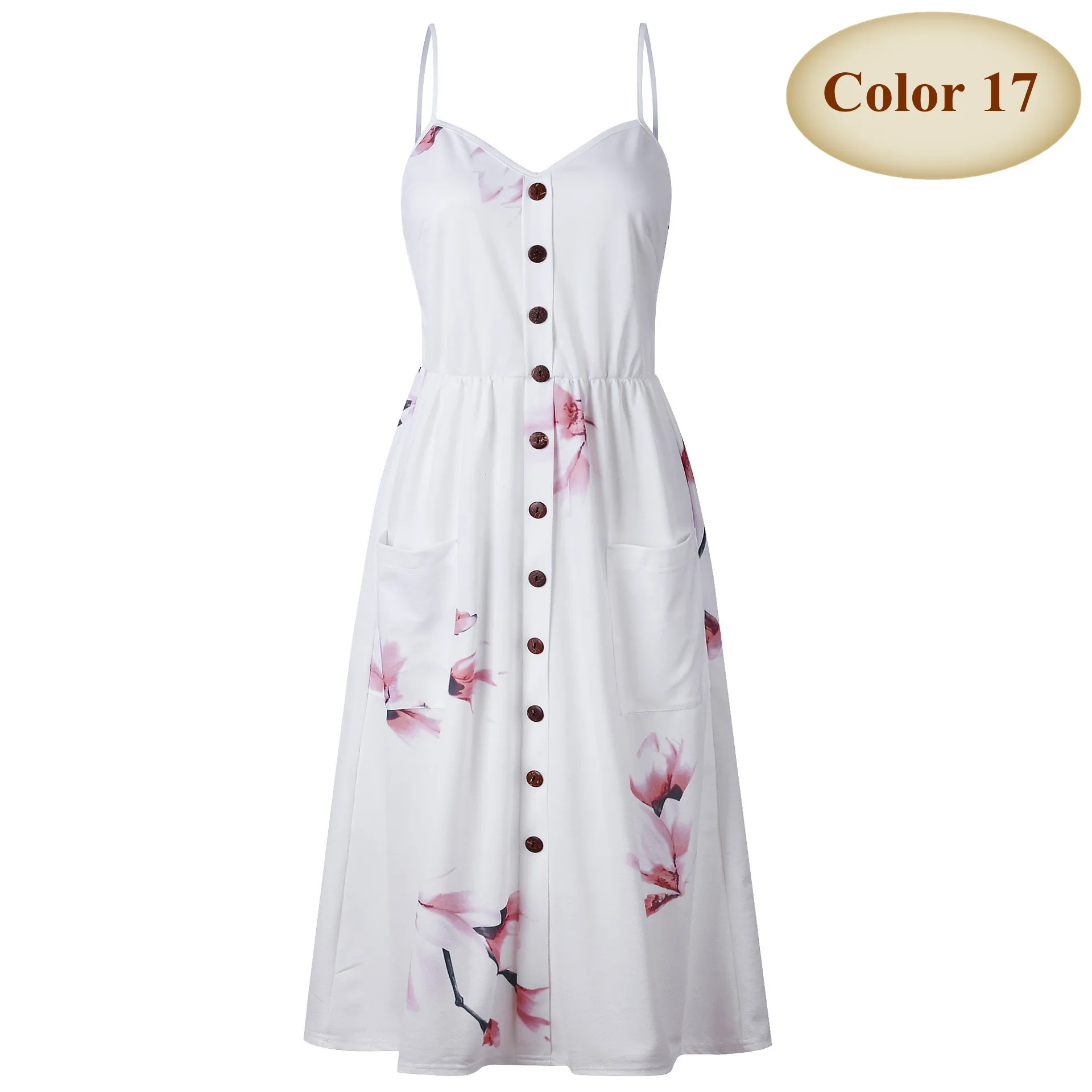 Color 17 New Boho Off-shoulder Party Beach Sundress Spaghetti Long Dresses Plus Size Summer Women Button Decorated Print Dress CRRIFLZ - Цвет: Color 17