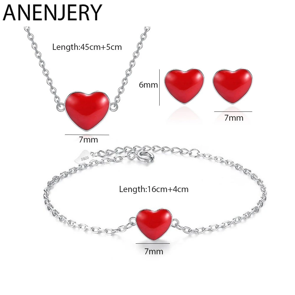 ANENJERY 925 пробы серебряные Ювелирные наборы простое ожерелье Красное сердце+ серьги+ браслет для женщин подарок