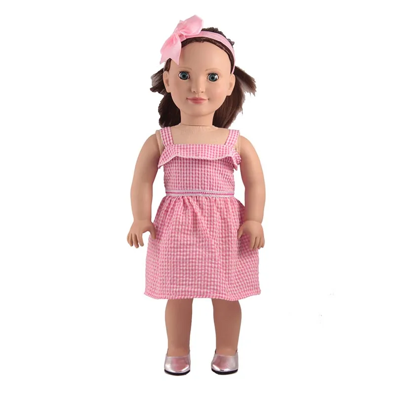 45 см Одежда для кукол Розовое платье в клетку Серебристая обувь Розовые повязки