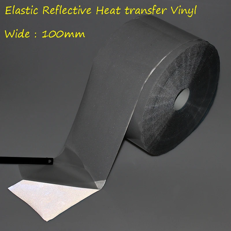 

High Visibility Elastic Material Safely Silver Reflective DIY Tape Iron On Fabric Clothes Heat Transfer Vinyl Film 100mm