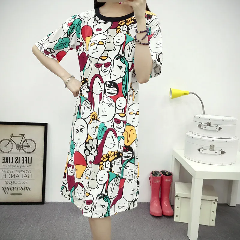 2018 летние модные женские туфли с принтом платья короткими рукавами Повседневное свободные длинная куртка
