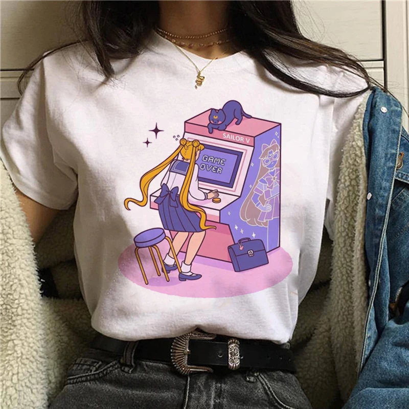 Сейлор Мун Забавный мультфильм футболка Женская Harajuku Ullzang аниме футболка 90s корейский стиль футболка Графический эстетический топ тройники Женские