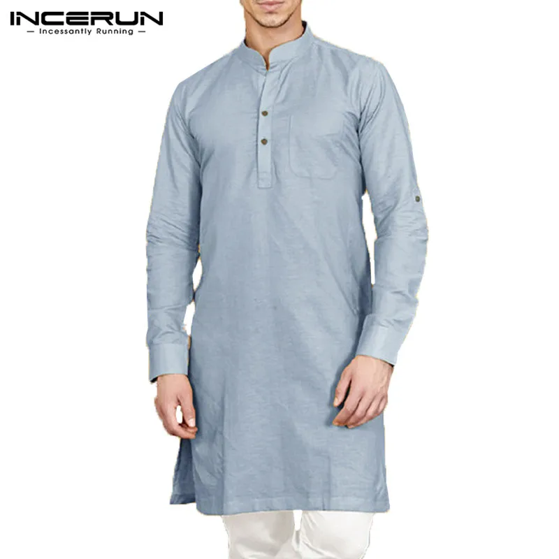 Light Blue INCERUN, мужская рубашка со стоячим воротником, с длинным рукавом, на пуговицах, хлопок, однотонная длинная рубашка, повседневный индийский костюм, Мужская мусульманская одежда - Цвет: Light Blue