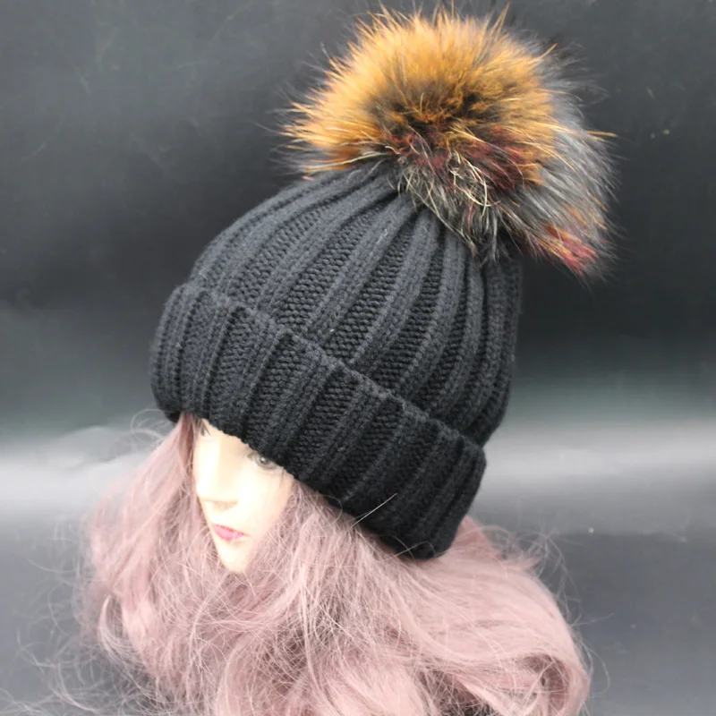 Шапка с помпоном из натурального меха 2019 плотная вязаная шапка большим енота