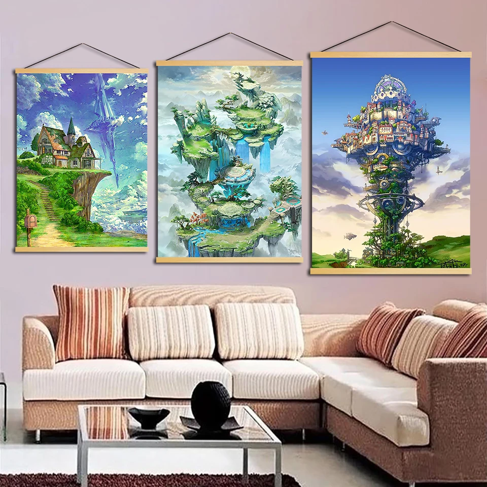 Nordic Scroll Modern Wall Art Ninokuni Pictures Canvas Solid Wood Game Hanging Painting Printed Kids Room Poster Home Decoration | Дом и сад