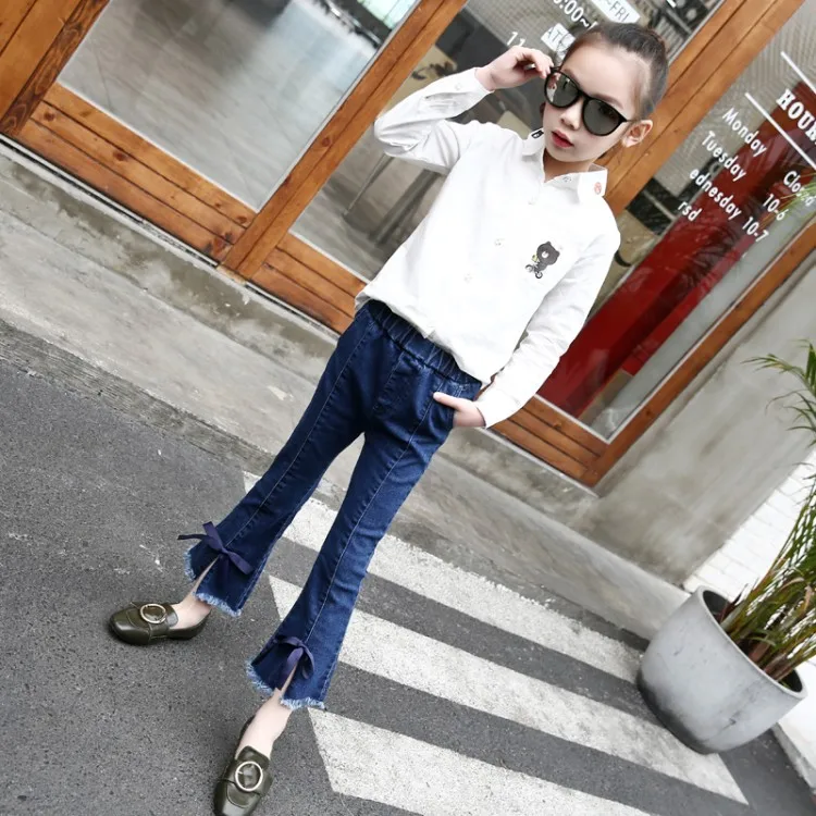 ACE LOVE/джинсы клеш для девочек подростков Модные Детские Широкие рваные джинсы с