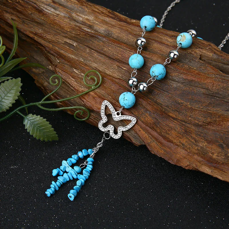 

EdgLifU Blue Stone Bead Necklace Fashion Sweater Chain Butterfly Pendant Necklace stainless steel Long Necklace For Women