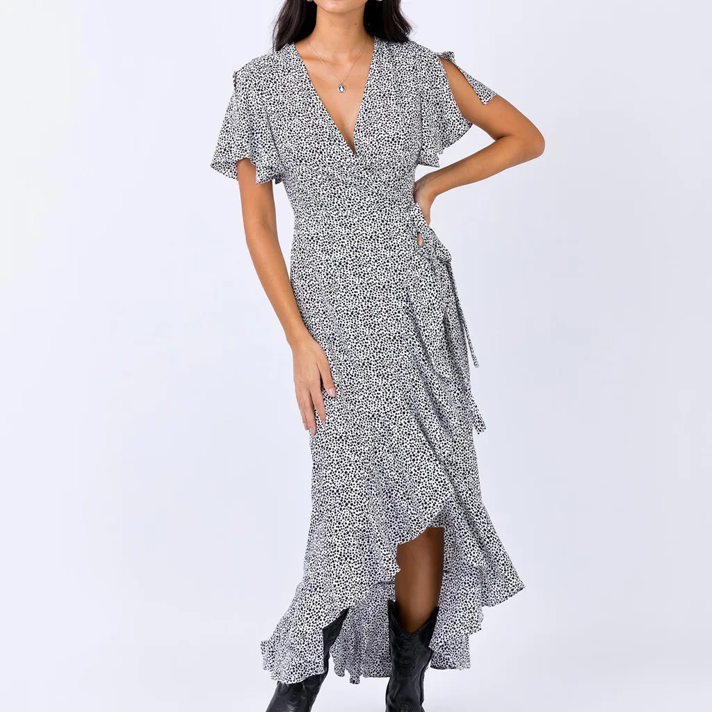 Vestidos Повседневное Mujer плиссированное платье с длинными Для женщин; сезон лето; с v-образным вырезом и расклешенными рукавами Бандажное платье с разрезами с оборками с леопардовым принтом платье Z4