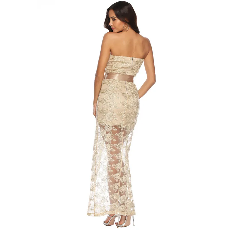 Женское кружевное платье полной длины летнее без рукавов с разрезом элегантное