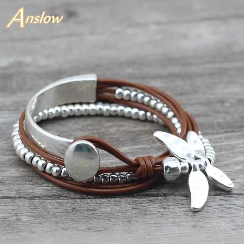 Anslow Лидер продаж Новинка Скидка модные ювелирные изделия Drongfly Wire wrap кожаные браслеты распродажа Прямая поставка подарок LOW0585LB