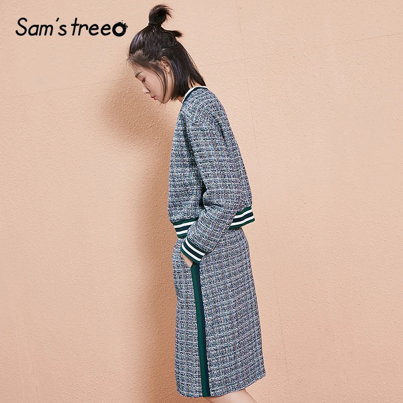 Samstree, зимние винтажные женские комплекты, контрастный цвет, нить, два предмета, костюм, клетчатые женские топы, для девочек, трапециевидные юбки