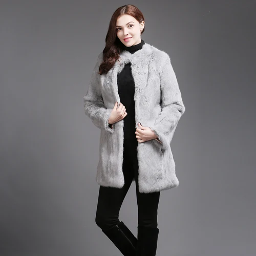 grey Новые женские пальто с натуральным кроличьим мехом женские зимние толстые теплые меховые куртки с натуральным кроличьим мехом длинные стильные меховые пальто - Цвет: grey