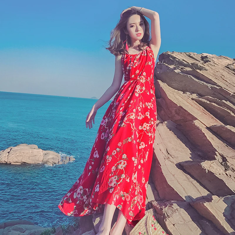 

Travel Spaghetti Strap Long Dress Sleeveless Floral Chiffon Dress Bohemian Seaside Beach Women Dress 2019 Summer Sexy Party