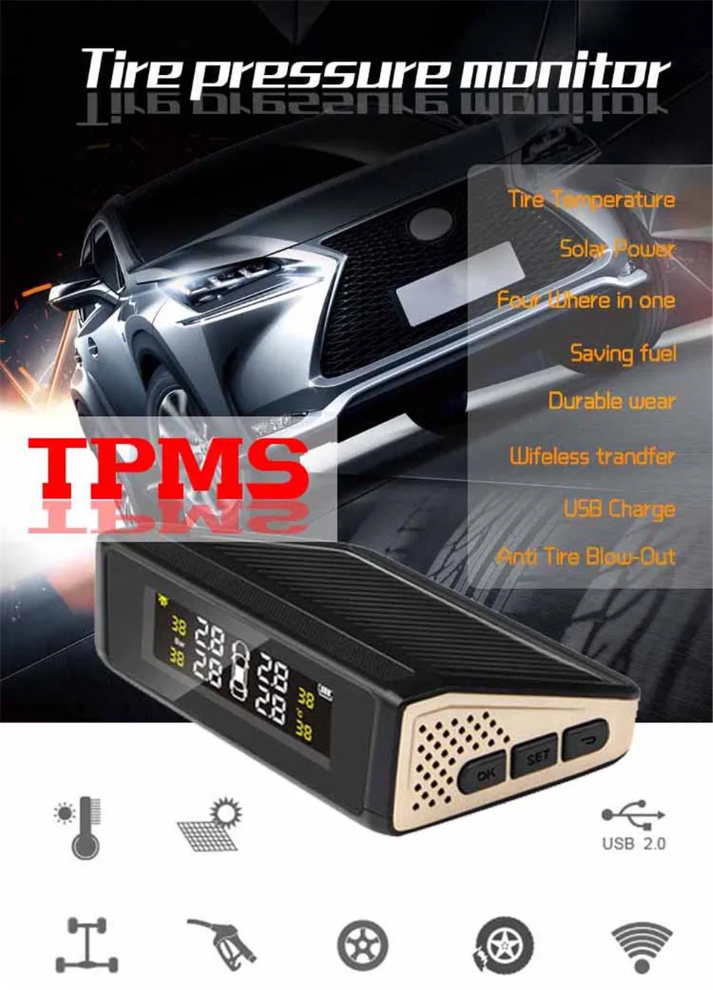 Наружный Автомобильный датчик безопасности TPMS система контроля давления в шинах черная Солнечная зарядка через usb оповещение о обнаружении давления в шинах TY010