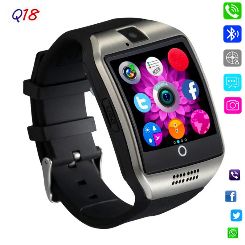 Bluetooth Смарт часы Q18 с камерой Facebook Whatsapp Twitter Синхронизация SMS Smartwatch поддержка SIM TF