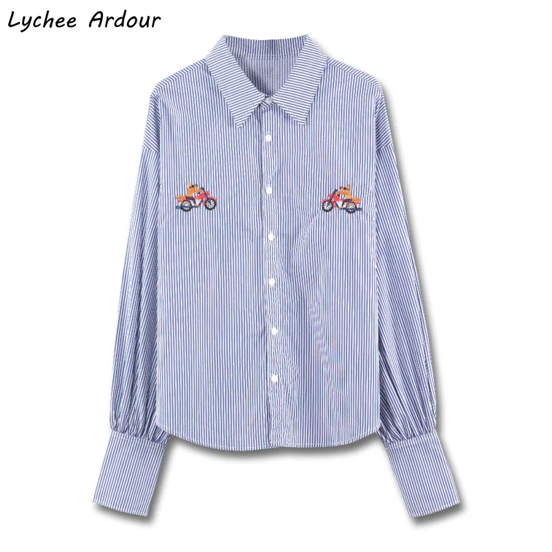 

Lychee Ardour Cartoon Embroidery Women Stripes Blouse Casual Long Sleeve Embroidery Striped Blouse Shirt Top