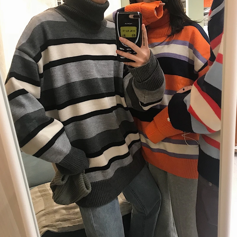 Autumn Winter 2019 Thick Warm Striped Sweater Casual Long sleeve Turtleneck Pullovers Knitted Women Harajuku | Женская одежда