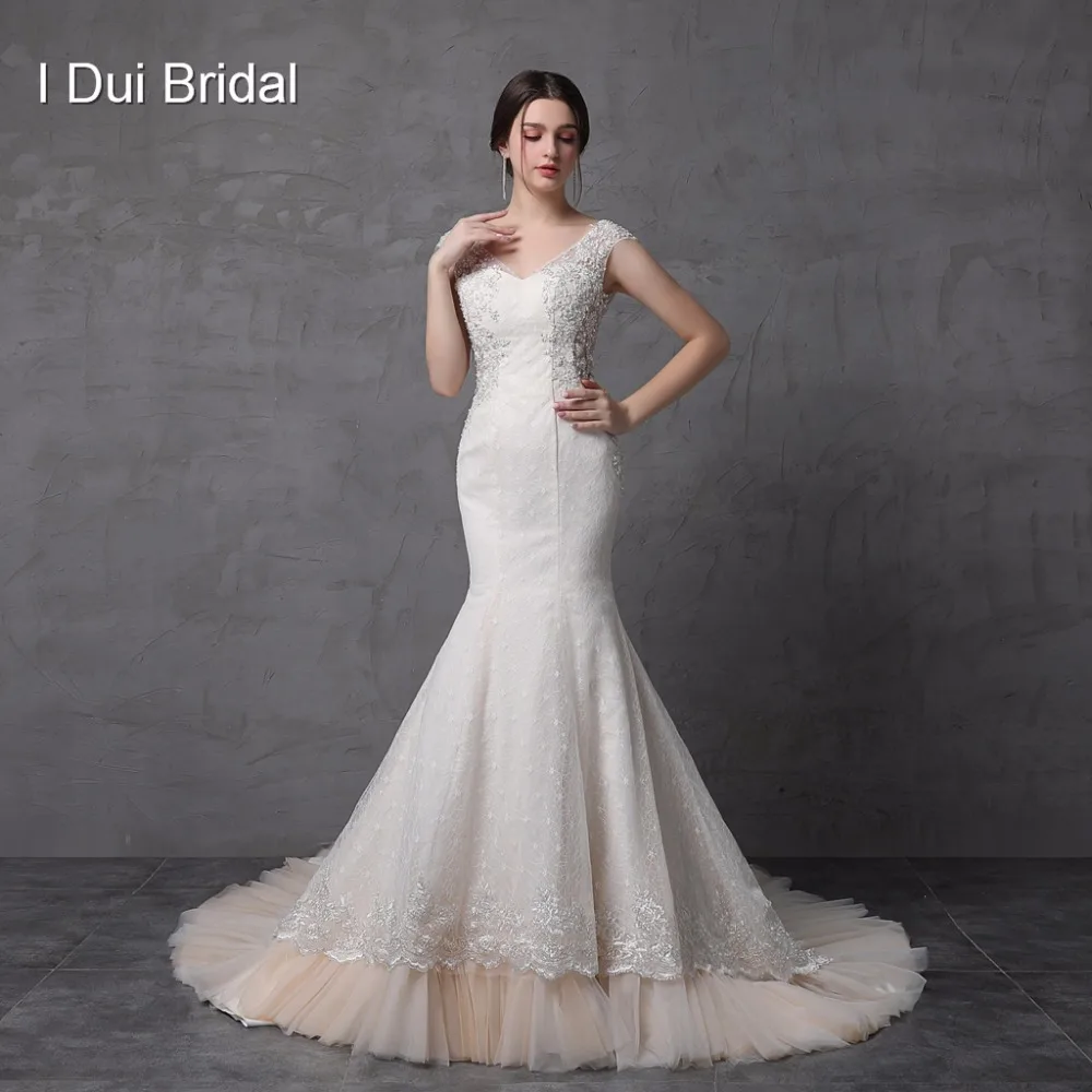

Mermaid Backless Wedding Dresses Pearl Crystal Beaded Lace Cap Sleeve Cathedral Train Sexy Style Real Custom Make ST2154