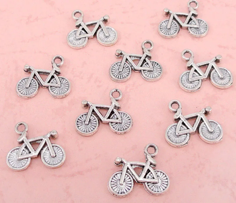 

100pcs-Antique Silver 2 Sided Tiny Bicycle Charms Pendant 16x14mm