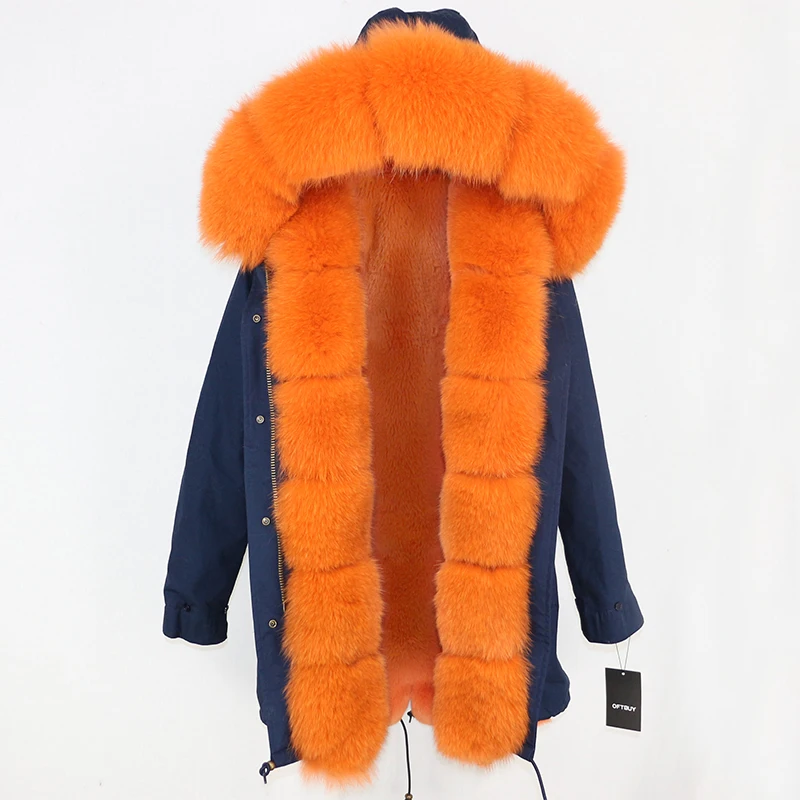 navy orange OFTBUY, зимняя женская куртка, пальто из натурального меха, длинная парка, Воротник из натурального Лисьего меха, Толстая теплая брендовая Роскошная Съемная Повседневная Новинка - Цвет: navy orange