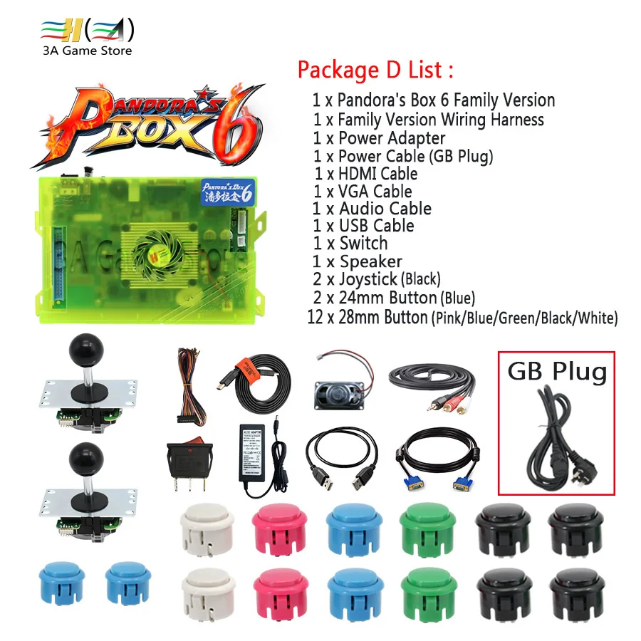 D set - GB plug Pandora box 6 1300 в 1 семейная версия джойстик кнопка и жгут проводов DIY аркадный контроллер аксессуары usb HDMI VGA выход - Color: D set - GB plug