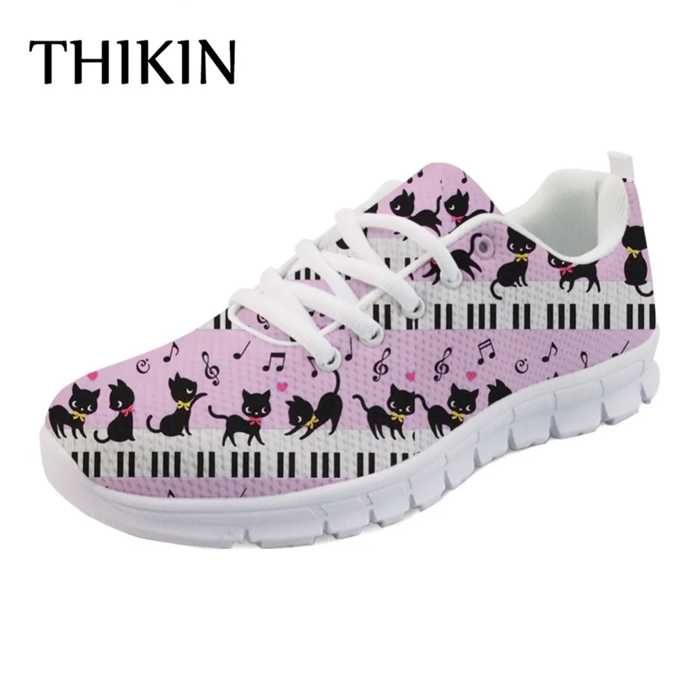 THIKIN Piano/Повседневная Брендовая женская обувь на плоской подошве с музыкальной нотой; сезон осень; Женская удобная сетчатая обувь с милым принтом кота
