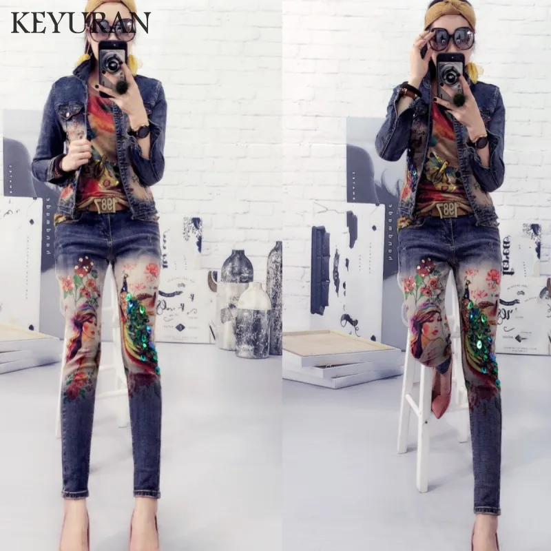 

New Sequin Flowers Print Jeans Jacket Pants Suit Lady Elastic Material Painting Trends Women Denim Coat + Jeans 2 piece Set