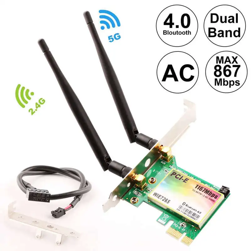 Pci-E Wireless Network Card 867Mbps Bluetooth 4.0 Wifi Dual Band Gigabit Adapter With High-Gain Antenna | Компьютеры и офис
