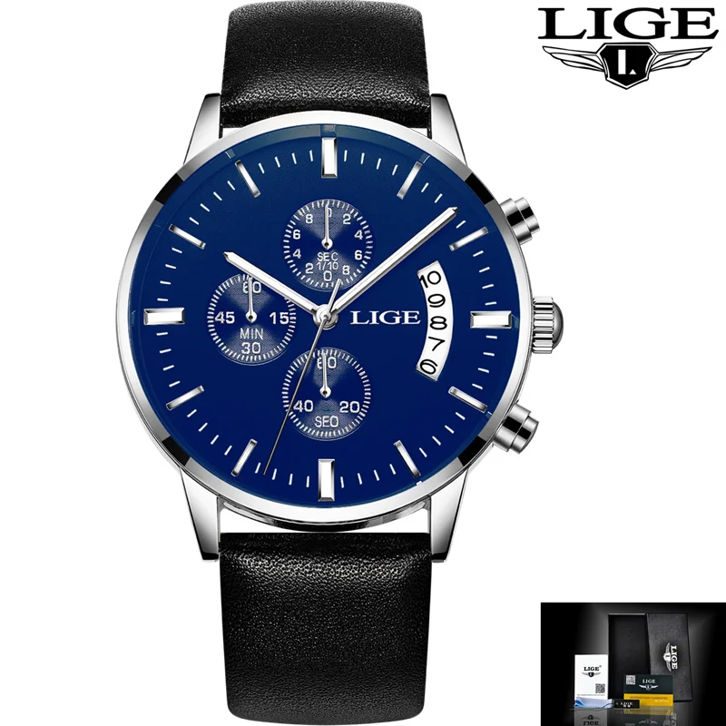 Leather silver blue Relojes hombre LIGE Роскошные Брендовые мужские часы спортивные водонепроницаемые кварцевые часы модные деловые мужские кожаные часы relogio masculino - Цвет: Leather silver blue