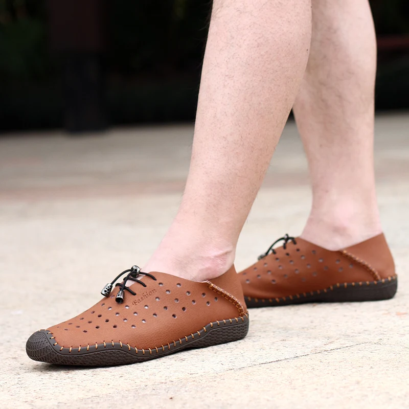 Summer Breathable Hole Shoes Mens Casual Genuine Leather Slip On Brand Fashion Man Soft Comfortable Zapatos | Обувь