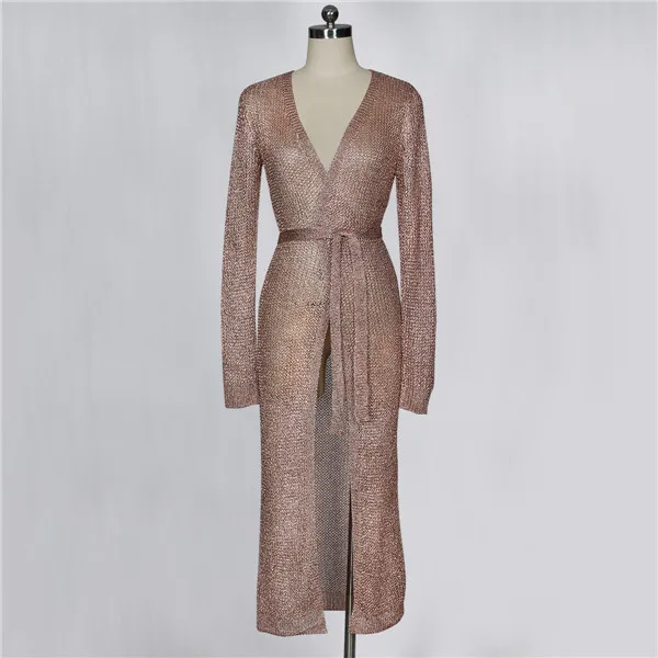 Rose gold Розовая Золотая вязаная куртка сексуальный ажурный кардиган длинное пальто - Цвет: Rose gold
