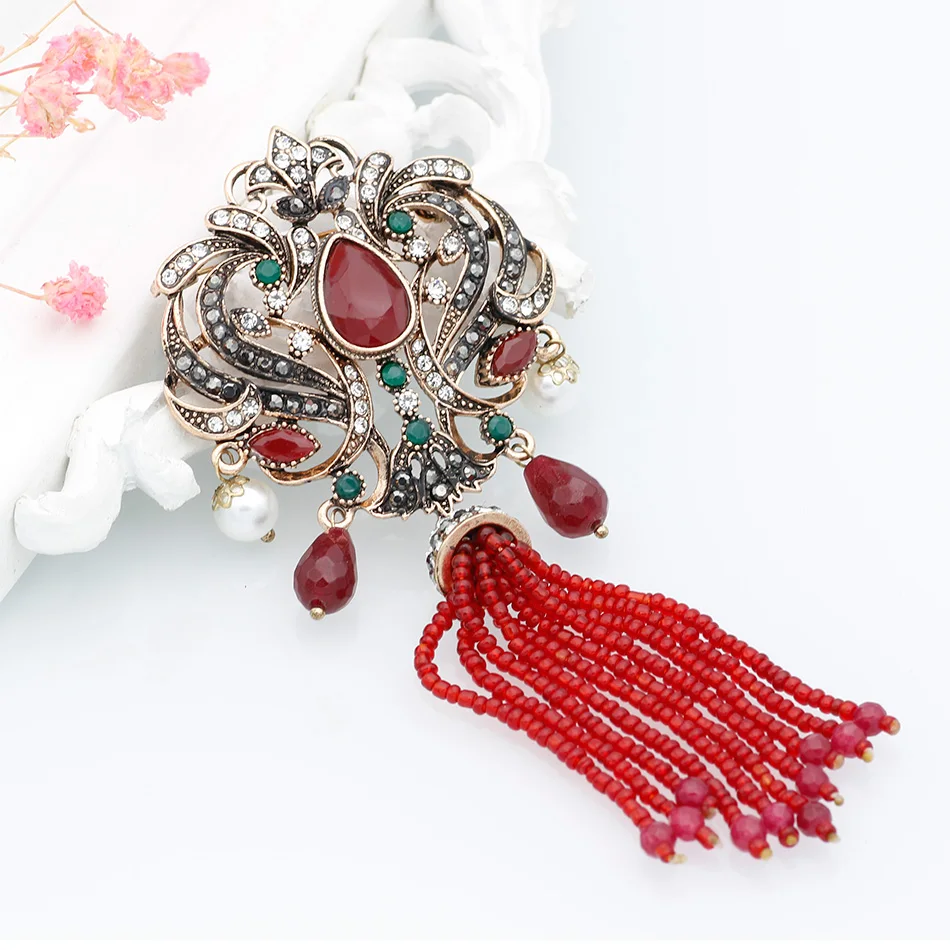 Модная женская брошь в марокканском стиле с красными бусинами и цветами булавки