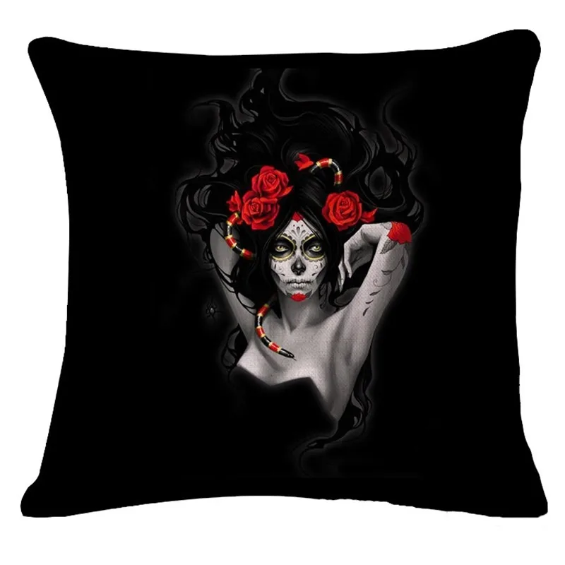 17 Inch Cushion Cover Pillow Retro Horrible Skull Day of the Dead Girl Punk Style Case Linen Cotton Home Decor | Дом и сад