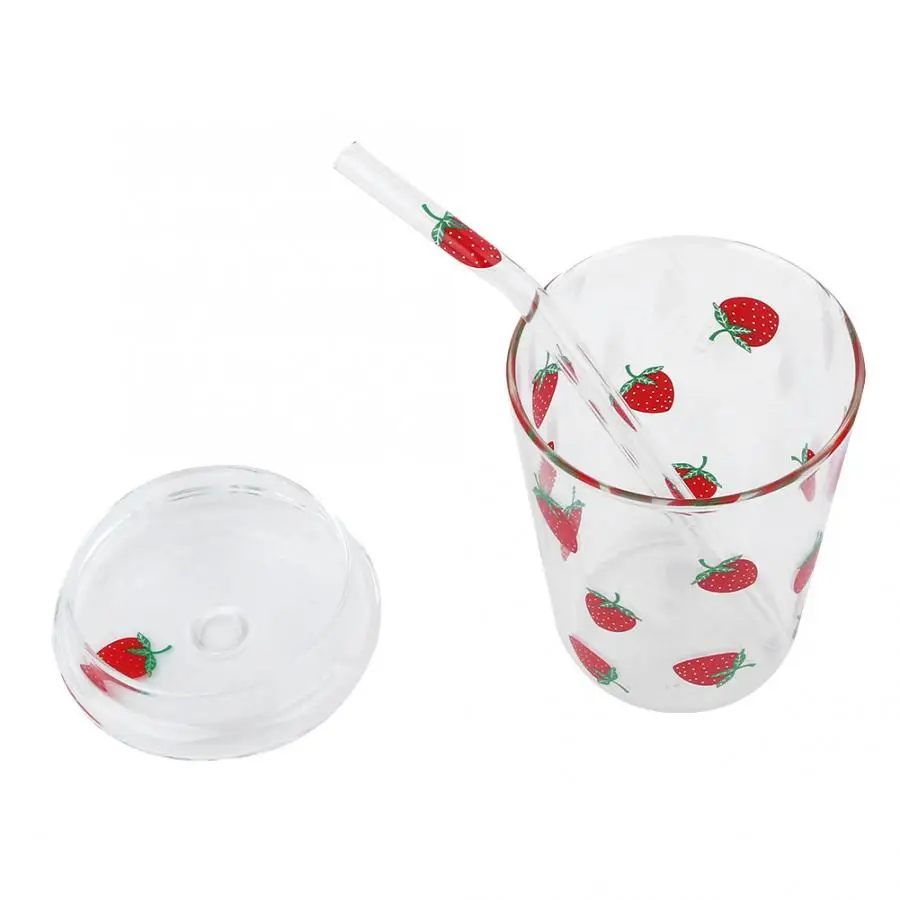 300ml Heat-Resisting Clear Lovely Strawberry Pattern Coffee Juice Drinking Water Glass Cup with Straw Lid