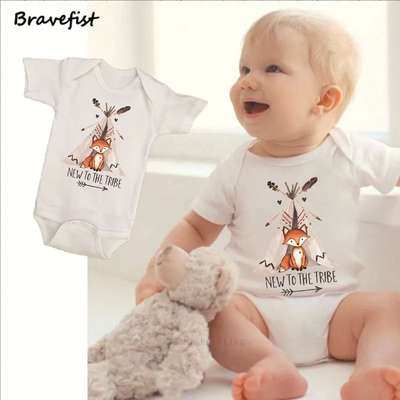 

New to the Tribe Fox Print Baby Bodysuits Cotton Summer Children Bodysuits Kids Sunsuit Short Sleeve Round Neck Infant Outfits