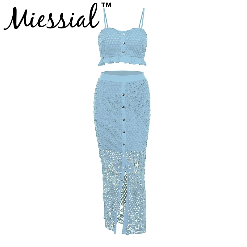Miessial, сексуальный костюм из двух частей, кружевное, облегающее, желтое платье, женское, белое, с отверстиями, Осенние, женские, вечерние, для клуба, элегантное, макси платье, зима - Цвет: Синий