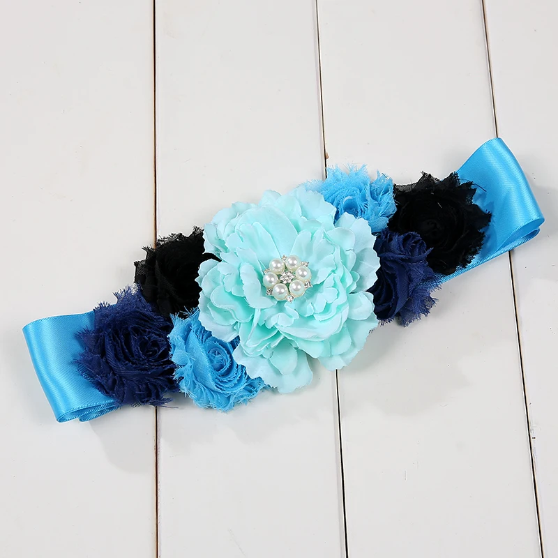 Атласные ленты со стразами пояс с цветком синий фиолетовым для девочек детские