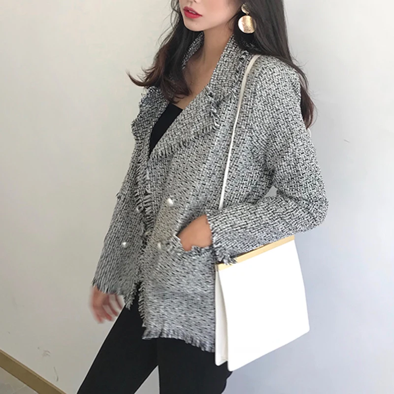 PERHAPS U women black pink plaid tweed outerwear pocket button turn down collar tassel burr blazer C0099 |