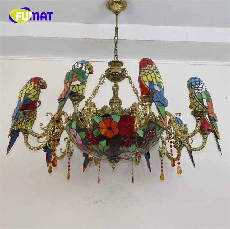 FUMAT люстры Tiffany светодиодный витраж Parrot E27 Hanglamp цветок орхидеи роскошный подвесной светильник Лофт Декор лампа