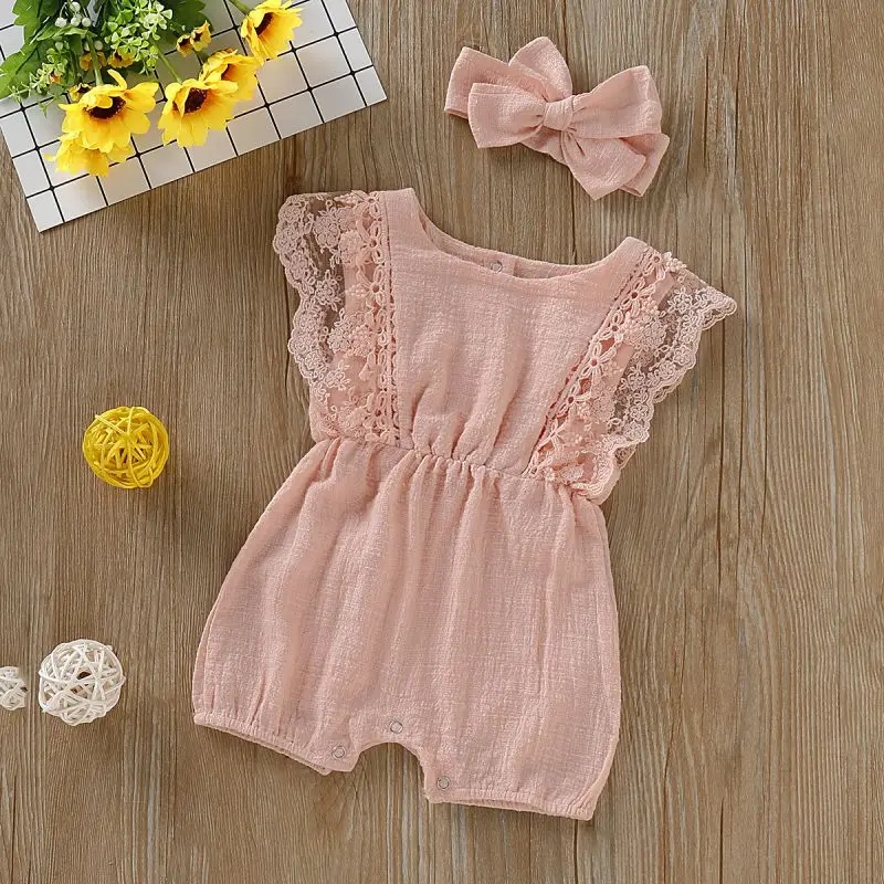 

Hot Newborn Baby Girls Rompers Summer Infant Jumpsuit with Headband Baby Clothes Flare Sleeve Solid Lace Baby Girls Clothing