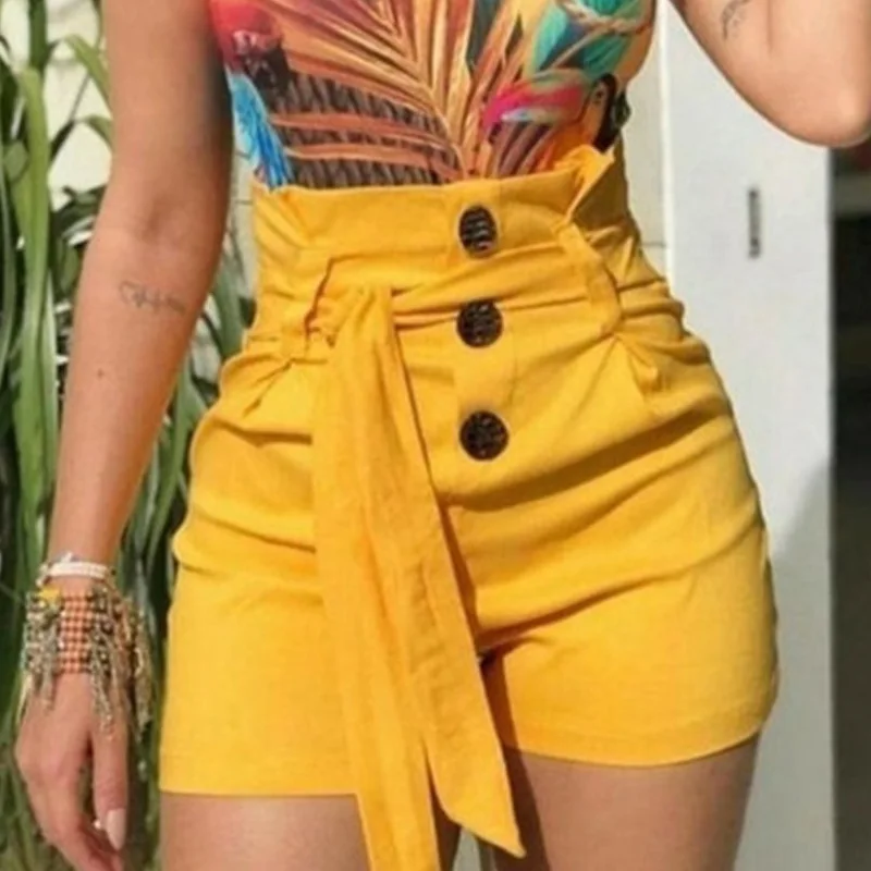 

Newly Women Shorts with Belt High Waist Button Slim Fit Short Pants for Summer DO99