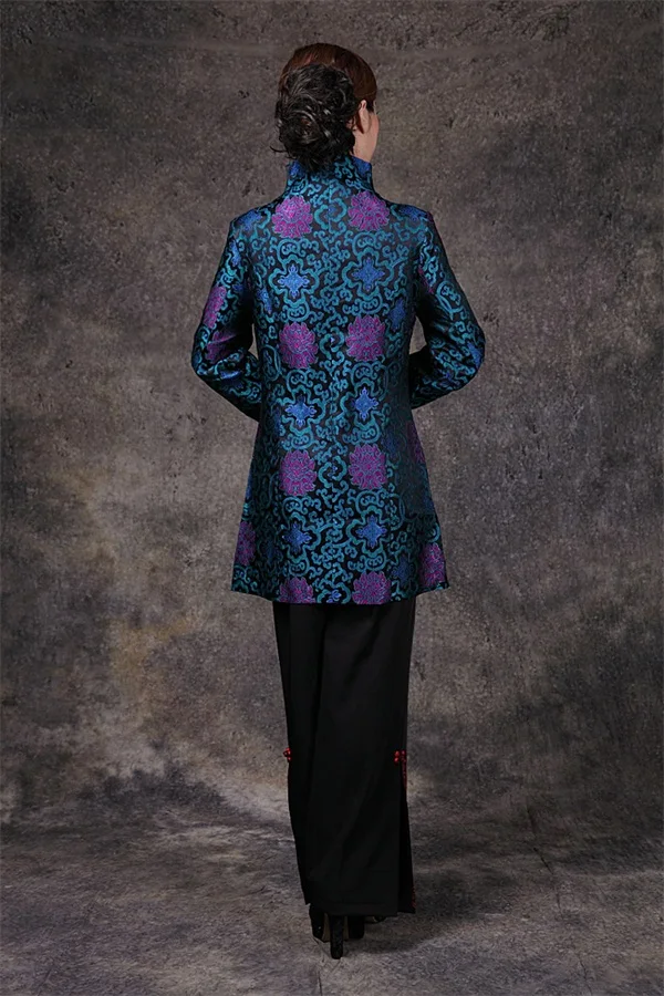 Синяя китайская женская атласная длинная куртка со скидкой классический стиль v