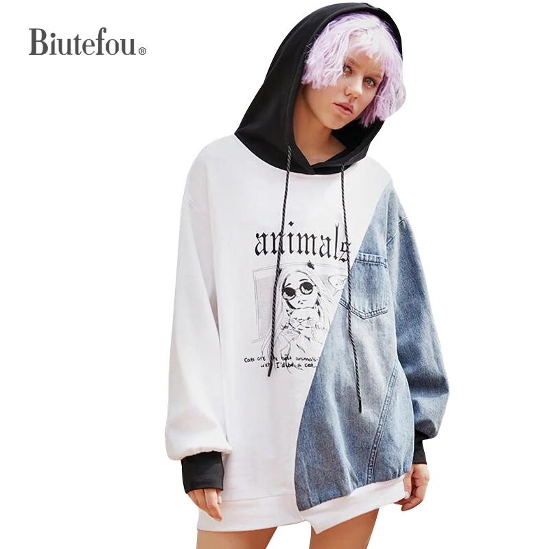 2019 весенние джинсовые Лоскутные нерегулярные толстовки женские длинные с