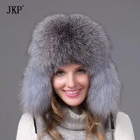 100 real natural silver blue fox fur hat women winter ear protector leather cap