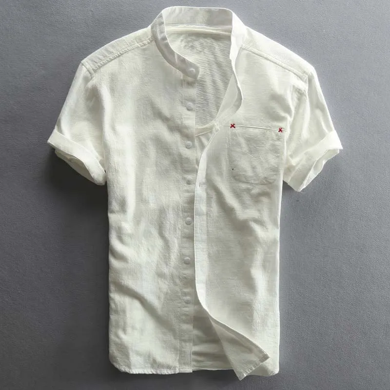 Хлопковые рубашки для мужчин с коротким рукавом воротником-стойкой повседневные