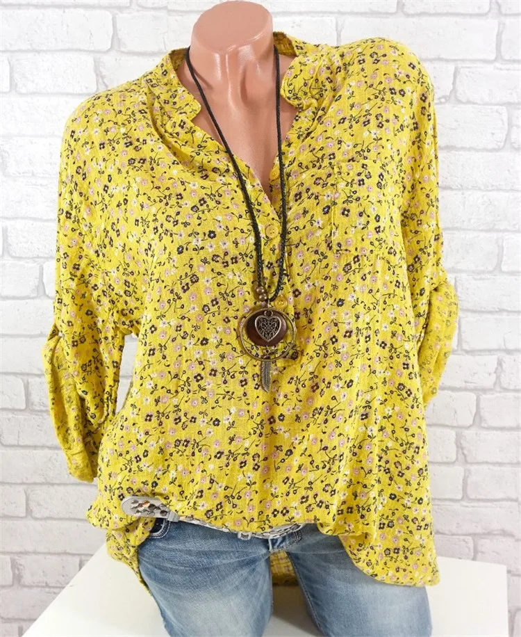 Large size Ladies Blouse spring and summer new V-neck long sleeve shirt printed loose casual Women's shirt thin section