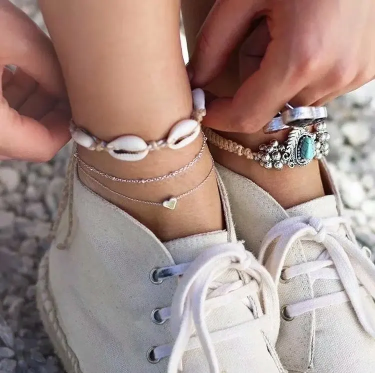 

3pcs of pack beach anklet for women with rope woven shell and alloy heart design in mixed link chains female enkelband
