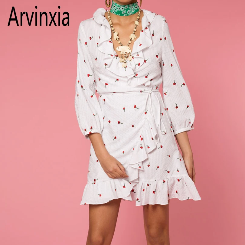 Женское платье с принтом вишни Arvinxia v-образным вырезом и рукавами-фонариками