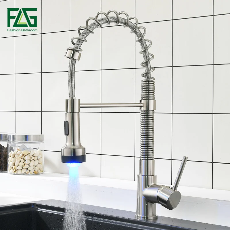 

FLG LED Kitchen Faucet Brushed Nickel Faucets for Kitchen Sink Single Pull Out Spring Spout Mixers Tap Hot Cold Water Tap 924-33